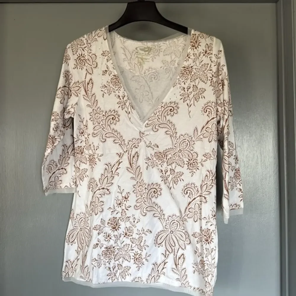 Roper White Floral Babydoll Western Pullover Top Rhinestone VNeck Long Sleeve XL